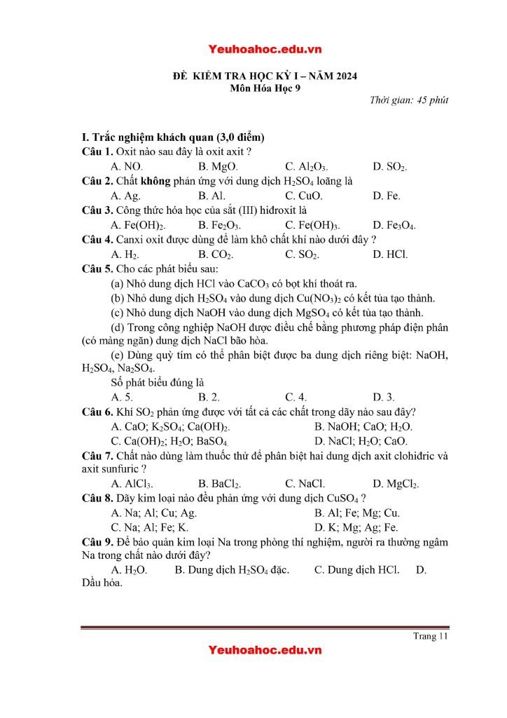 Đề thi học kì 1 lớp 9 môn Hóa năm học 2024-2025