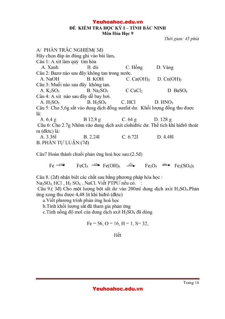 Đề thi học kỳ 1 lớp 9 môn Hóa học tỉnh Bắc Ninh năm học 2024-2025