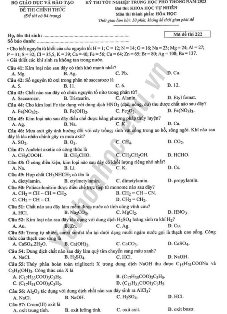 Giải chi tiết đề thi THPT Quốc gia 2023 môn Hóa - Mã đề 222
