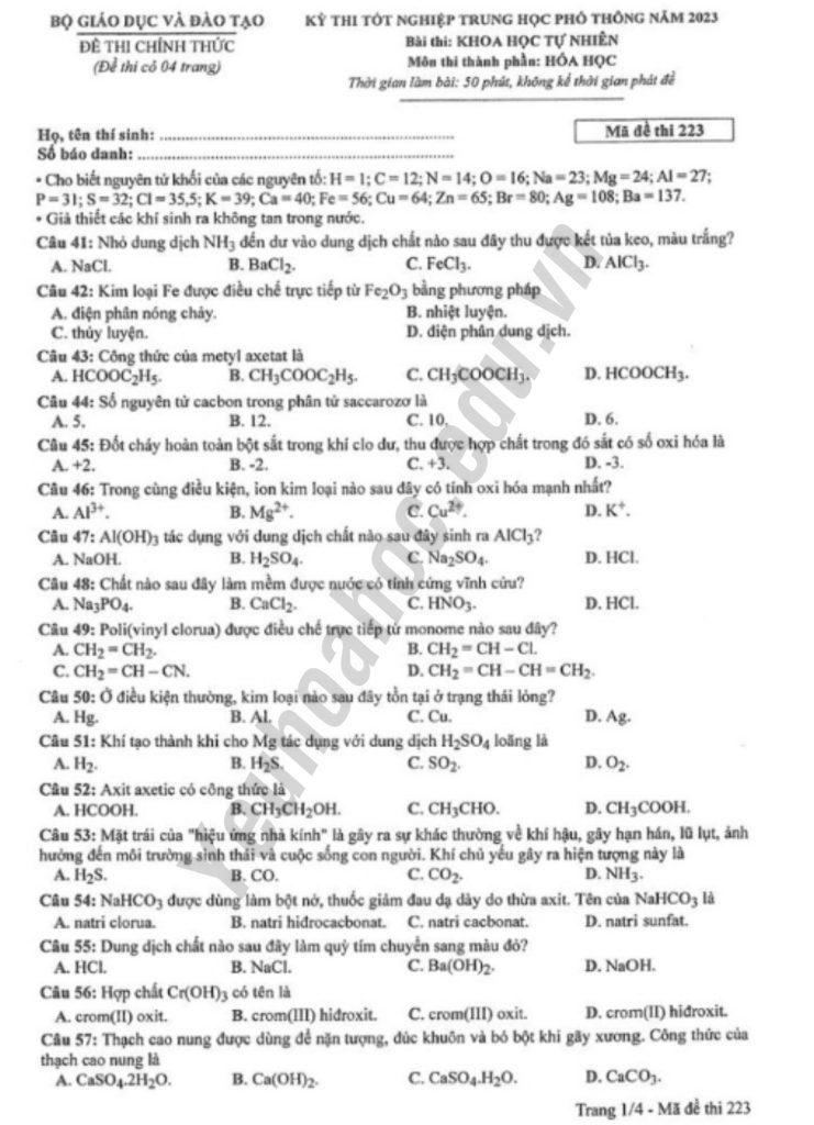 Đề thi THPT Quốc gia 2023 môn Hóa - Mã đề 223