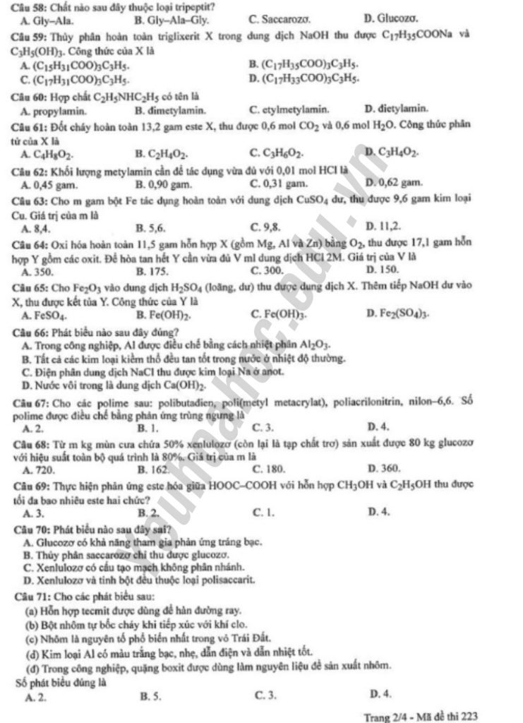 Đề thi THPT Quốc gia 2023 môn Hóa - Mã đề 223