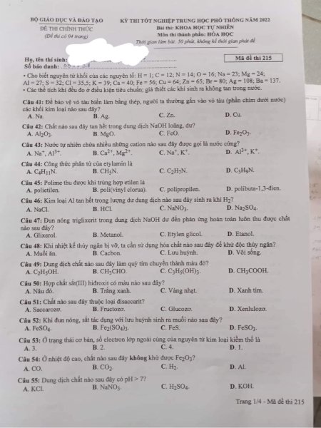 Giải chi tiết đề thi THPT Quốc gia 2022 môn Hóa - Đề 215