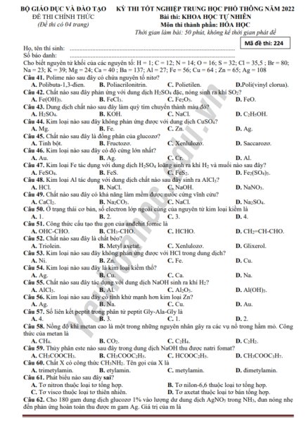 Giải chi tiết đề thi THPT Quốc gia 2022 môn Hóa - Mã 224